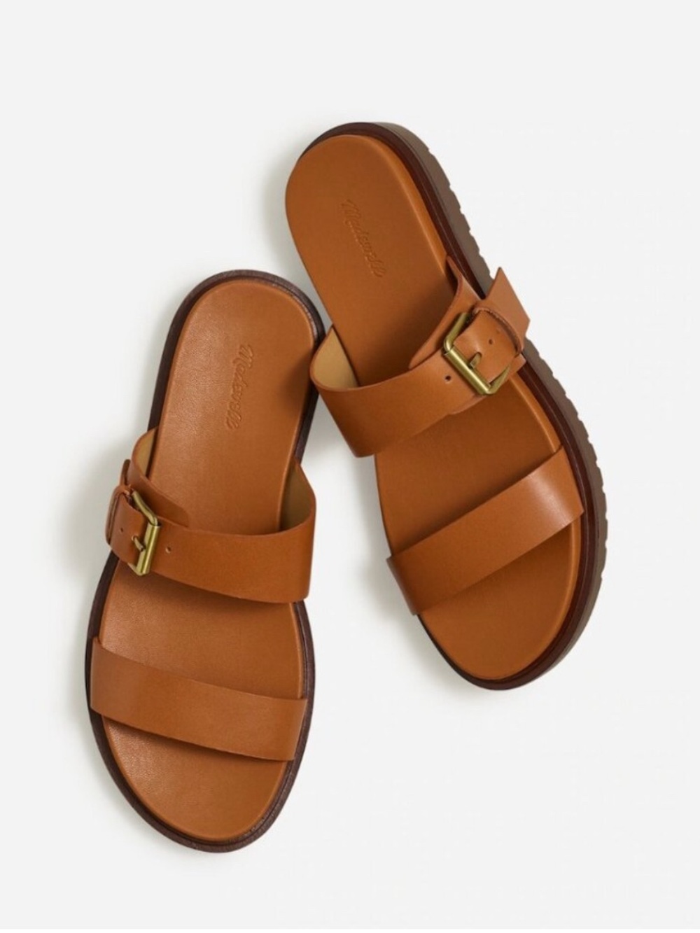 Madewell “Dee” Tan Leather Double-Strap Buckle Slide Sandals 6.5